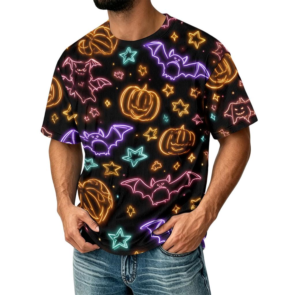 Men Casual Corduroy Short Sleeve Lightweight Breathable Round Neck Top Halloween Pattern Printed Shirt