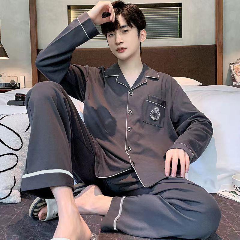Men's 100% Cotton Pajama Set for Spring & Autumn: Long Sleeve, Long Pants, Versatile Outdoor Wear