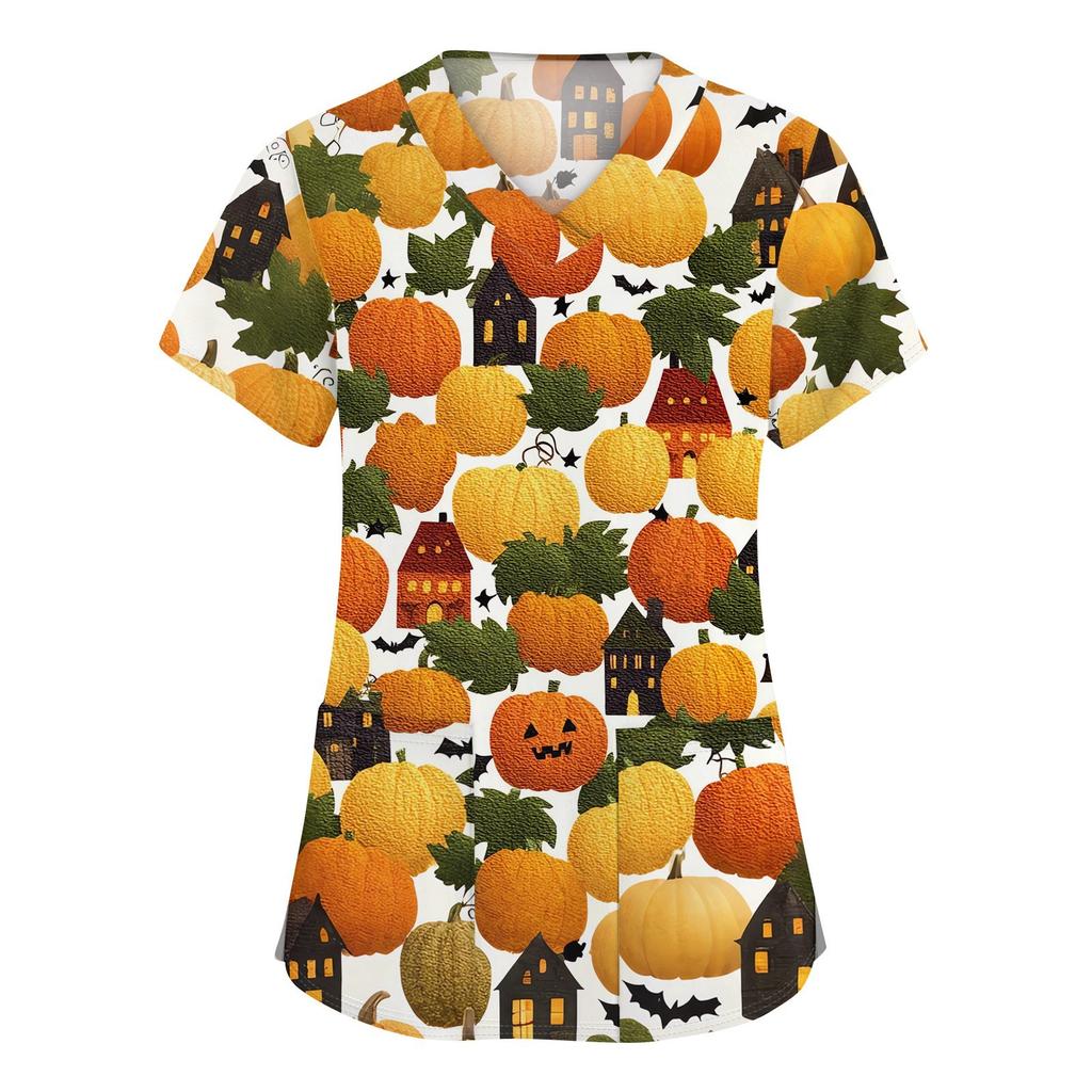 Damenmode V-Ausschnitt Kurzarm Arbeitskleidung mit Taschen Halloween bedruckte Tops