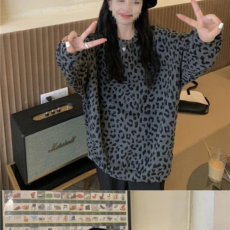 Leopardmönstrad Rundhalsad Fleecetröja för Kvinnor Vår/Höst 300lbs Design Mode Lös Vardaglig Långärmad Topp