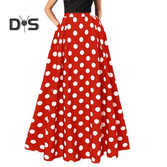 

Жіноча максі-спідниця з високою талією, відповідний колір у крапковий принт, ретро, ​​лінія, великі бічні кишені, вільні на повну довжину, м’яка еластична жіноча довга спідниця на випускному вечірці L червоний