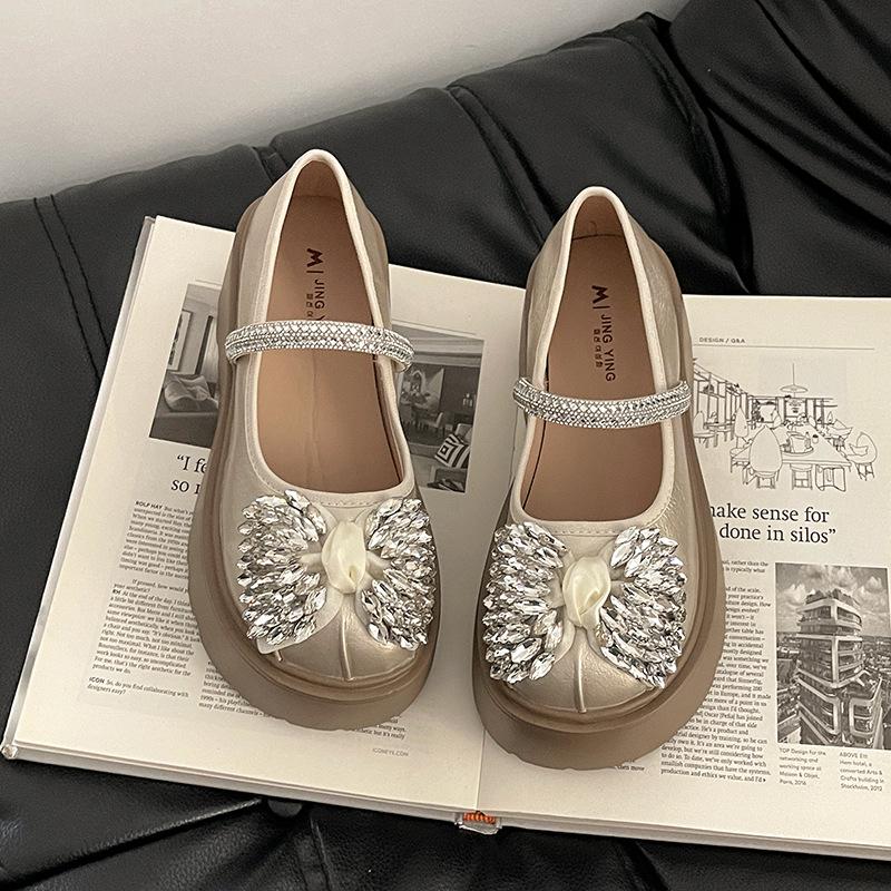Bow rhinestone one-word buckle Mary Jane shoes women's fashion platform casual height increase single shoes women's shoes