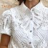 Women Shirt Lapel Puff Short Sleeve Slim Fit Shirt Tops Solid Color Button Closure Hollow Lace Crochet Blouse