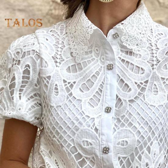 Women Shirt Lapel Puff Short Sleeve Slim Fit Shirt Tops Solid Color Button Closure Hollow Lace Crochet Blouse