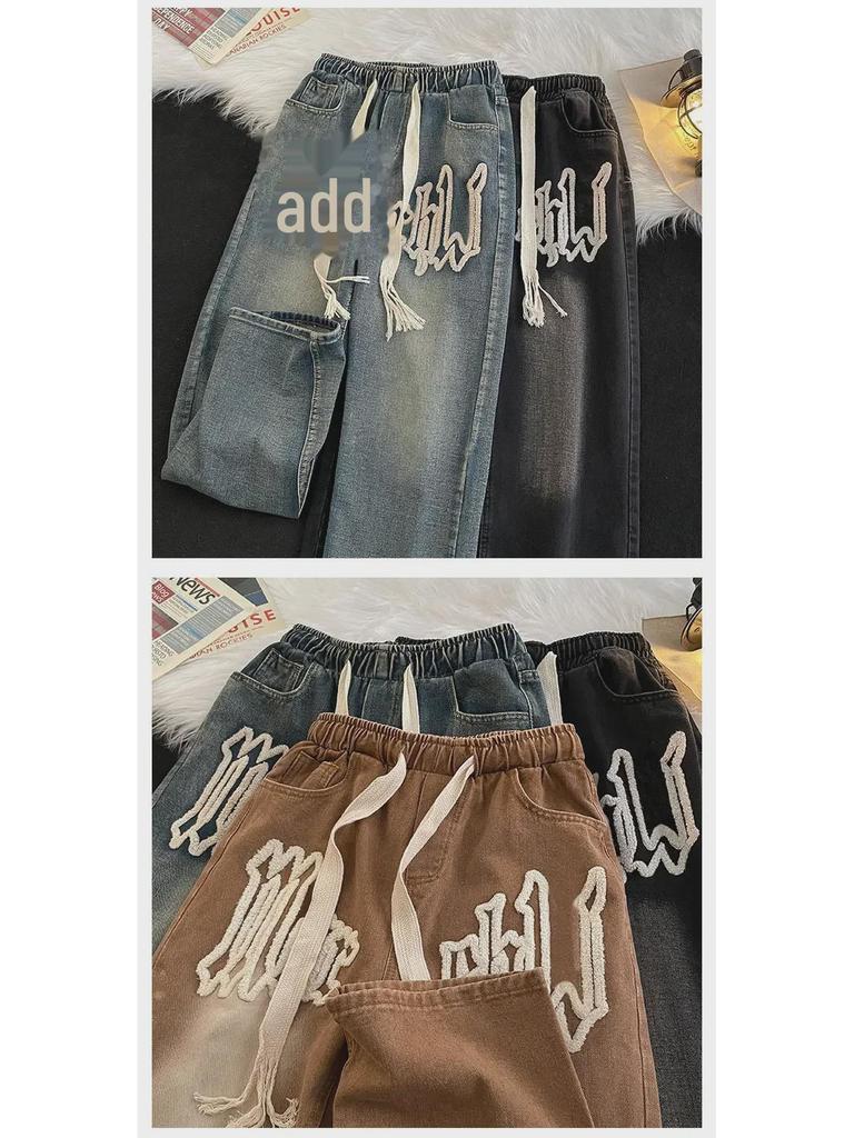 Męskie modne dżinsy proste na każdą porę roku z haftem