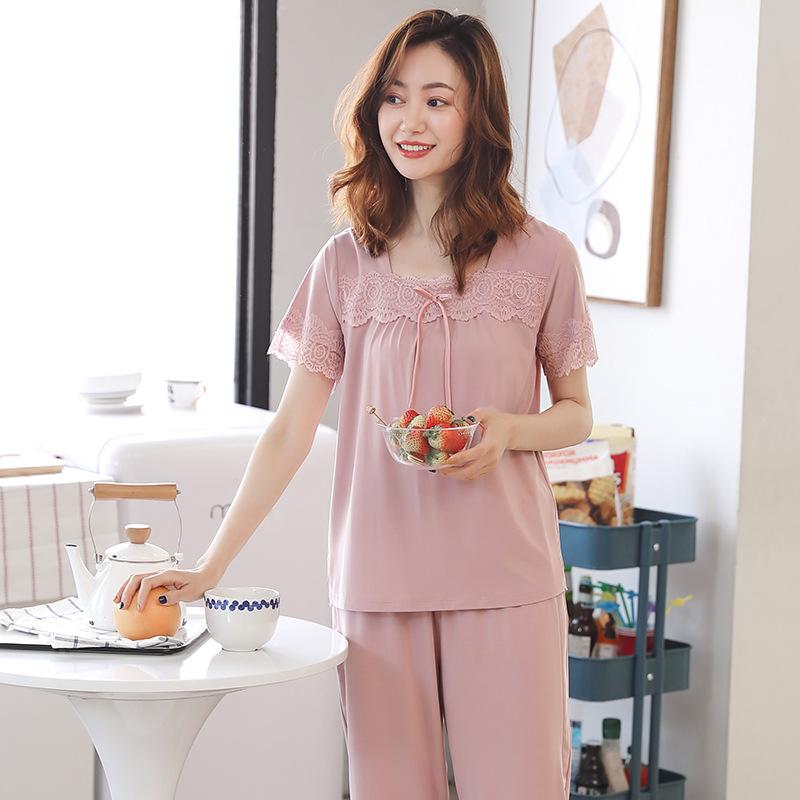 Pajamas Women's Summer Modal Short Sleeve Cropped Pants Homewear Summer Thin Middle-aged Mom Large Size Two-piece Set