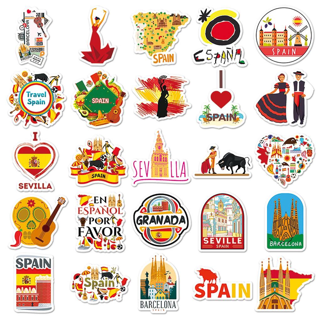 50 Spanish National Tourism Waterproof Stickers for Outdoor Use on Notebooks, Helmets, and Water Bottles