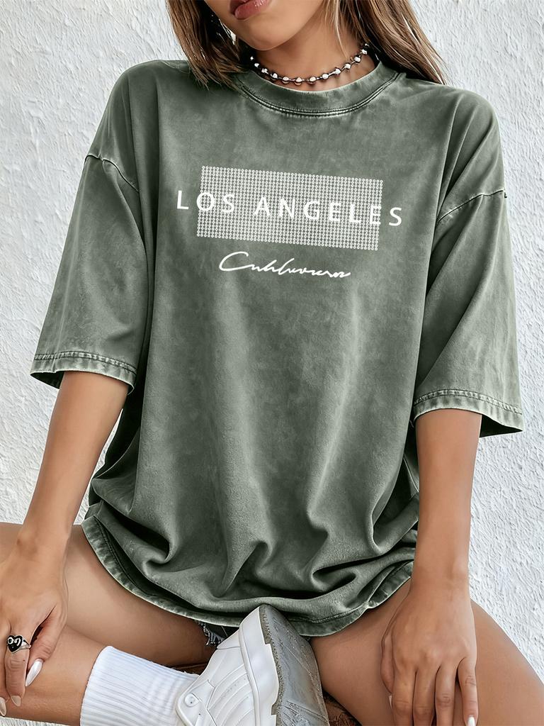 Los Angeles California Usa Prints Washed TShirts Womens Cotton Oversized T Shirt Summer Short Sleeve Tops Street ONeck Clothes