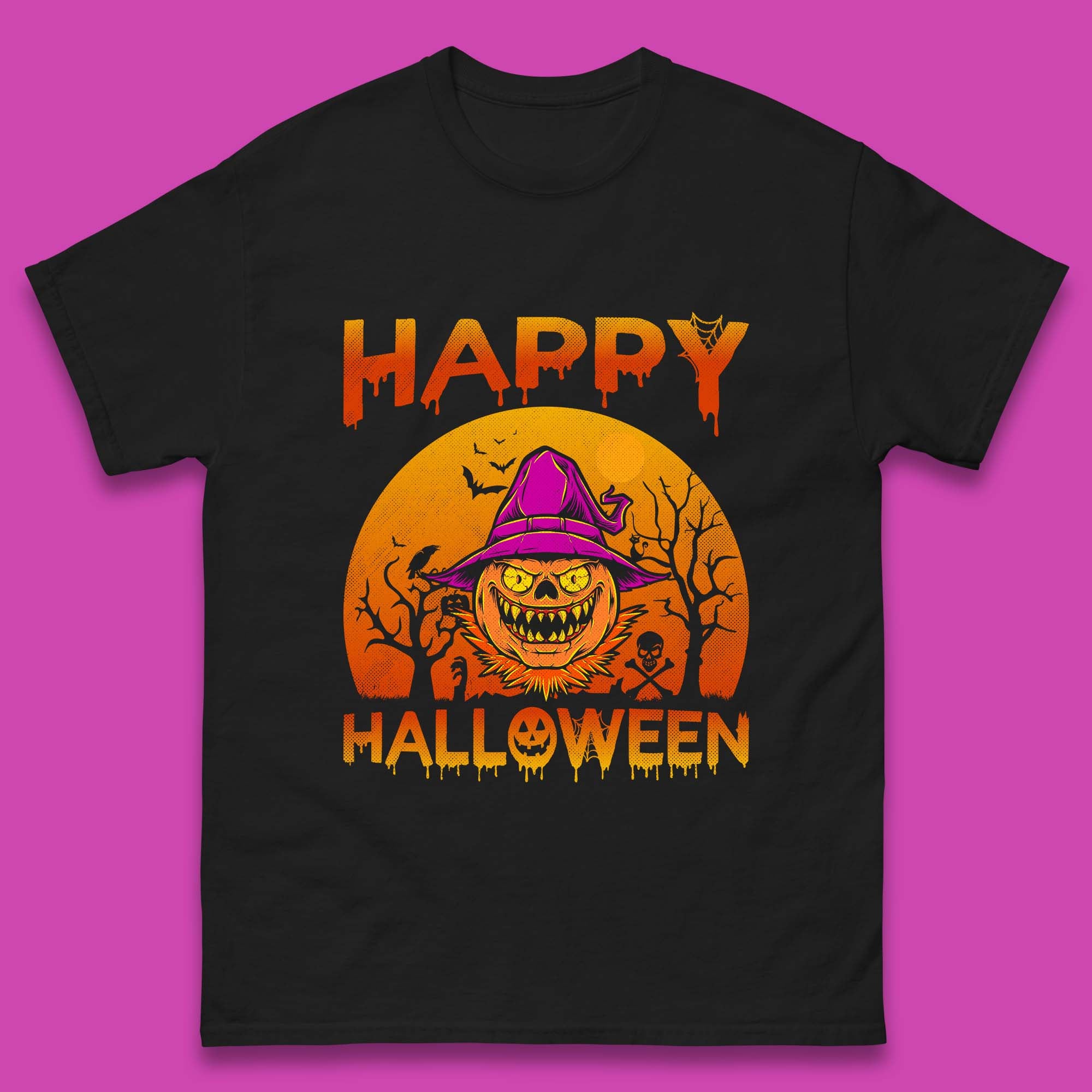 Happy Halloween Monster Pumpkin With Witch Hat Horror Scary Spooky Season Mens Tee Top M