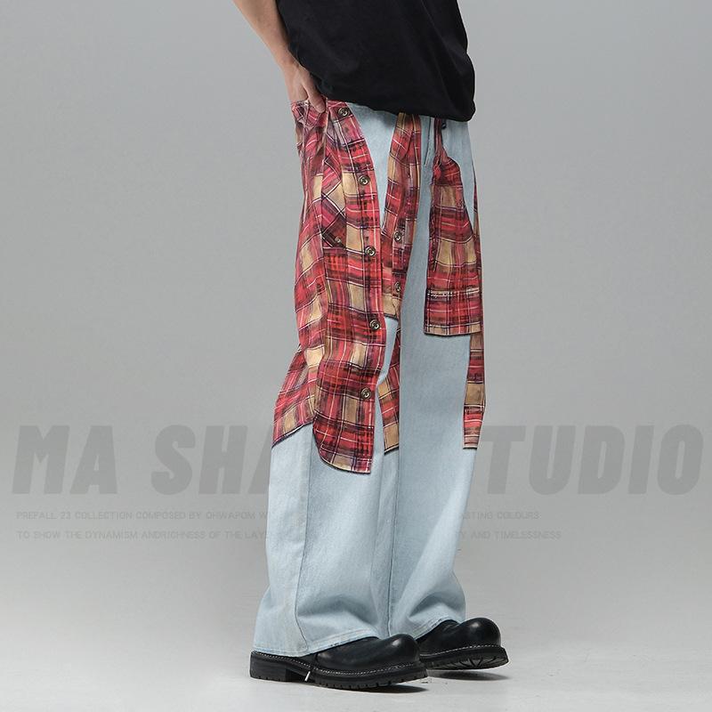 

JYL Men s Wide-Leg Jeans American 3D Plaid Printed Straight Loose Casual Denim Pants S янтарь