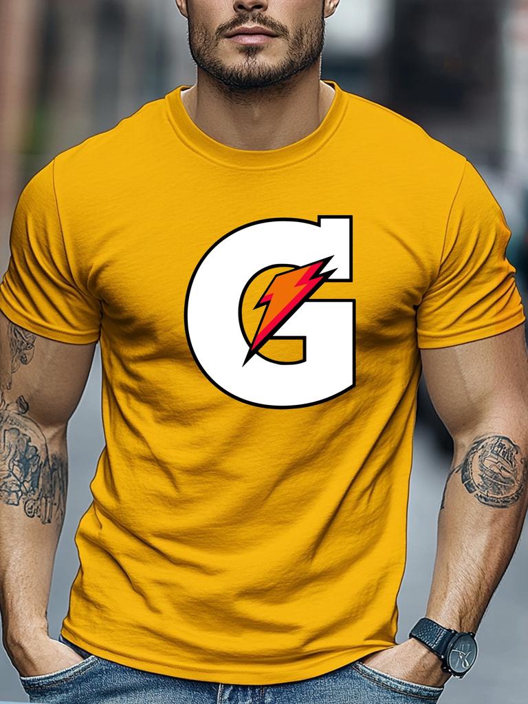 Mens Summer Sport TShirt Letter G Lightning Print Short Sleeve Round Neck Breathable Oversized Dynamic Daily Wear