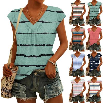 Women's Fashion V-neck Striped Print Short Sleeve Top