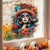 Katrina Floral Window Stickers Day of The Dead Women Static Stickers, Colorful Woman Easy Peel And Stick Glass Decals, Waterproof PVC Decorative