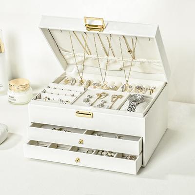 High-Quality PU Leather Three-layer  Drawer Type Dustproof Anti-oxidation Multi-functional Ring Earrings Necklace Storage Box