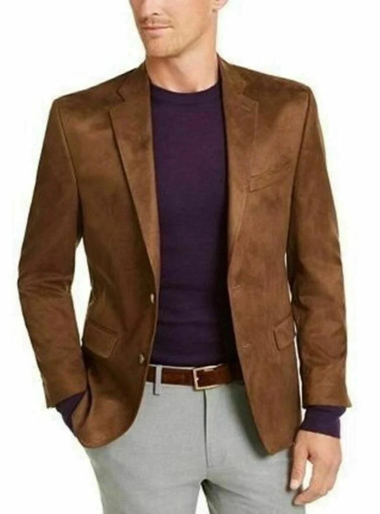 Formal Wear Soft Men's  Blazer Suede Brown Two-Button Handmade Genuine Lambskin