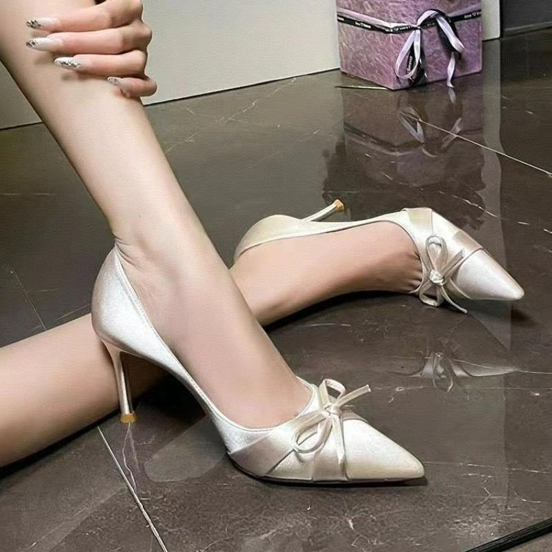 Fashion High-heeled Shoes, Thin Heel, Bow, Pointed Toe, Celebrity, All-match Shallow-mouth Women's Single Shoes