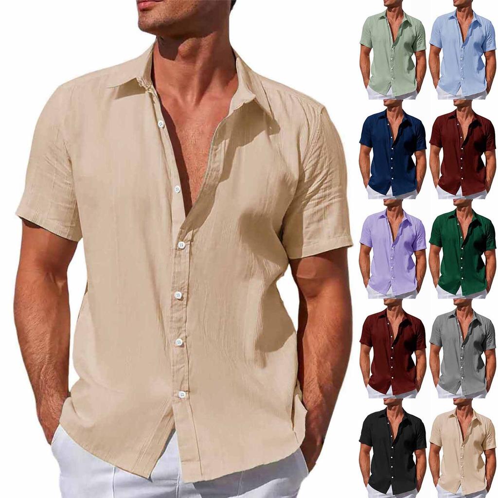 Designer Spring Summer Men's Casual Cotton Linen Solid Color Short Sleeve Shirts Loose Shirts