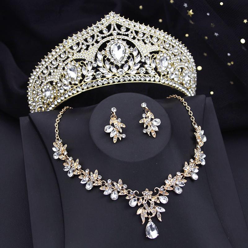 Luxury Bride Crown Jewelry Sets for Women Red Tiaras and Necklace Earrings Set Party Prom Bridal Wedding Jewelry Set Accessory