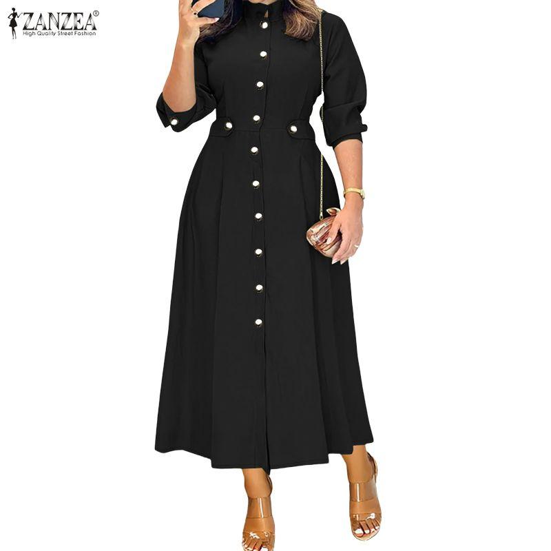 ZANZEA Women Elegant Casual Stand Collar Long Sleeve Plain Dress