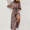 GMXIA Women's Summer V-neck Printed Bouquet Waist Bohemian Dress Holiday Button-down Beach Long Dress