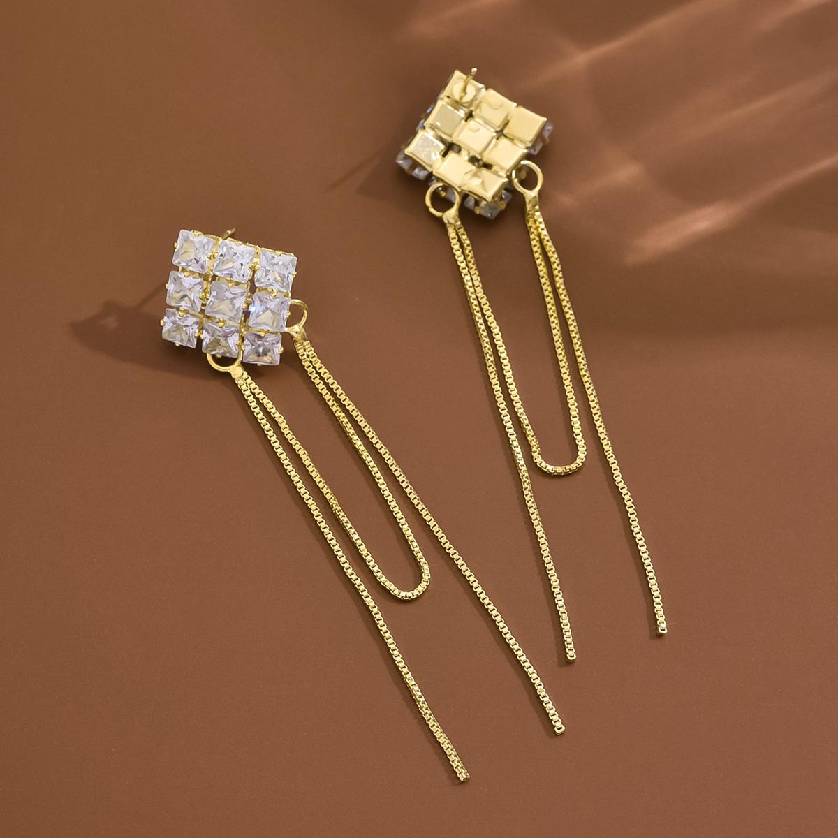 {14K Real Gold Electroplated Earrings} Zircon Square Exquisite Fringed Earrings, Fashionable Design Studs