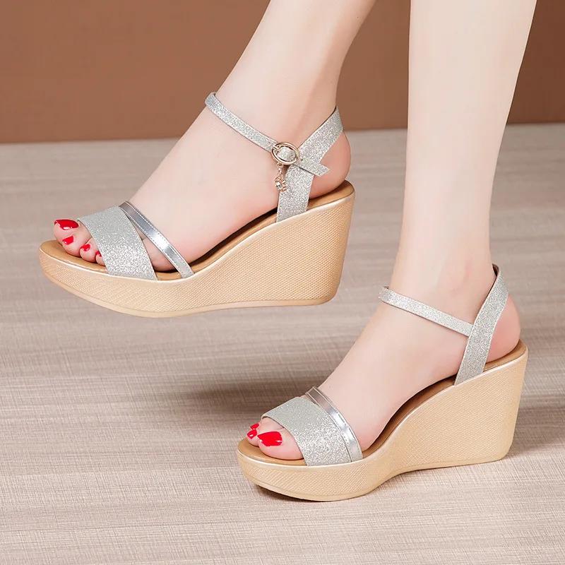 8cm Small Size 32-43 Comfortable Soft Leather Sandals Platform Shoes 2025 Womens High Heels Wedges Sandals for Office Beach Mom
