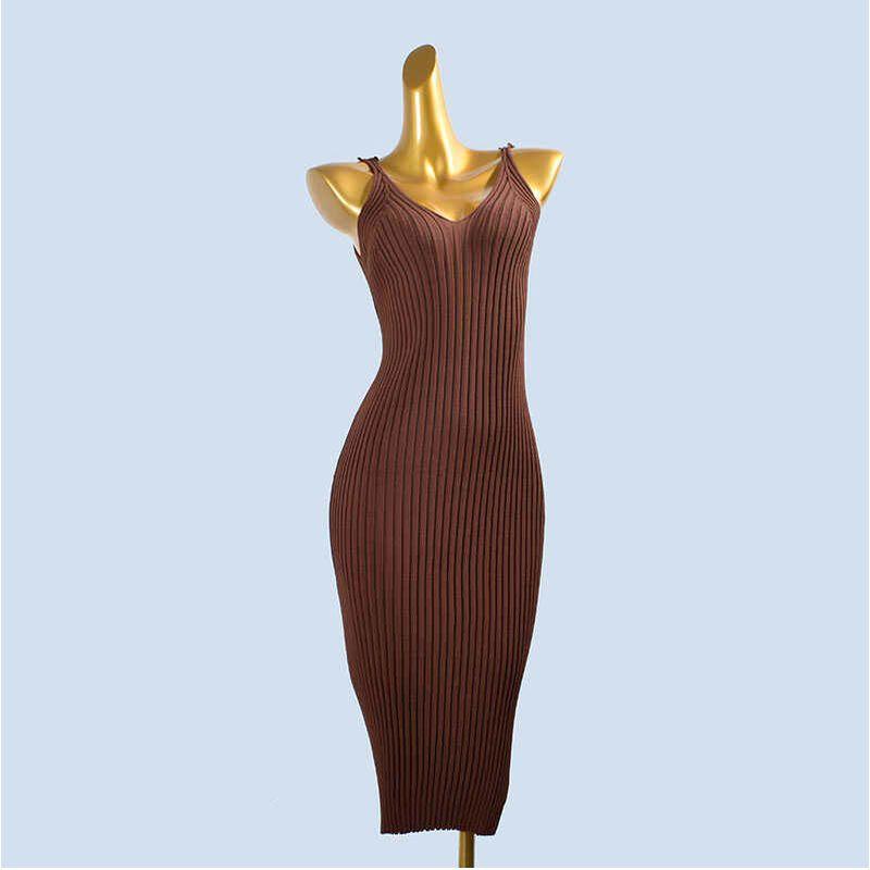 

Spring and Summer Spaghetti Straps Knitted Solid Color Rib Fabric Silm Sheath Straight-leg Inner Wear Outer Wear Dress Female Easiest for Match Curry All yards
