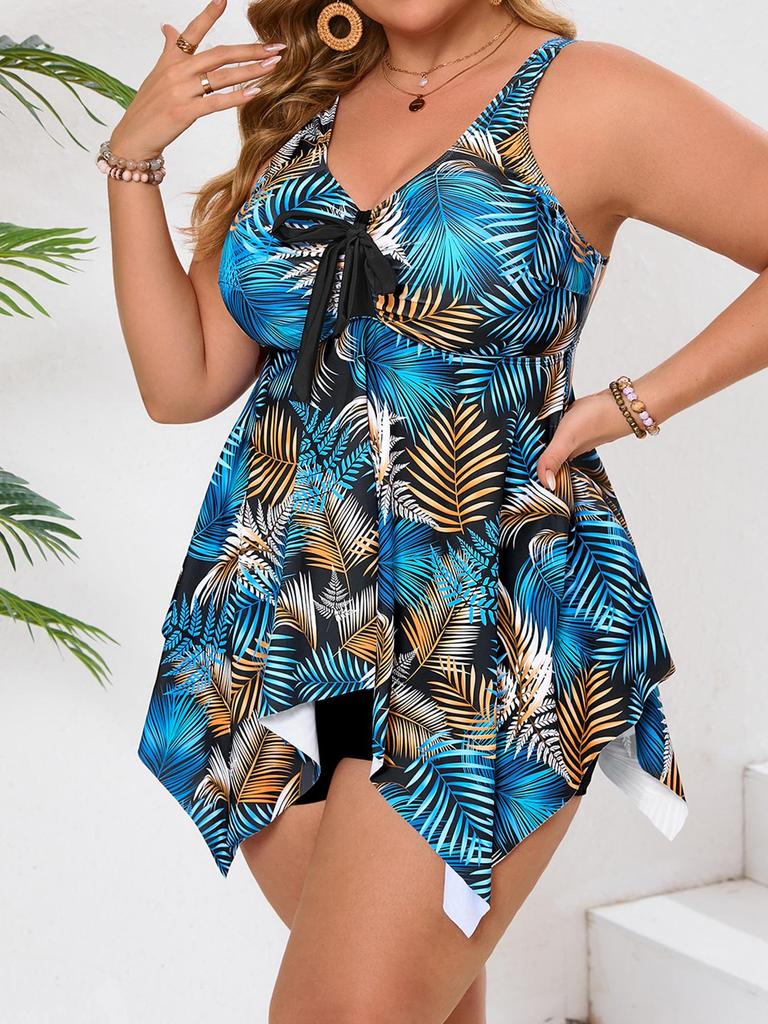 2026 European American Plus Size Slimming Two-Piece Skirted Swimsuit for Women - Multi-Color Print