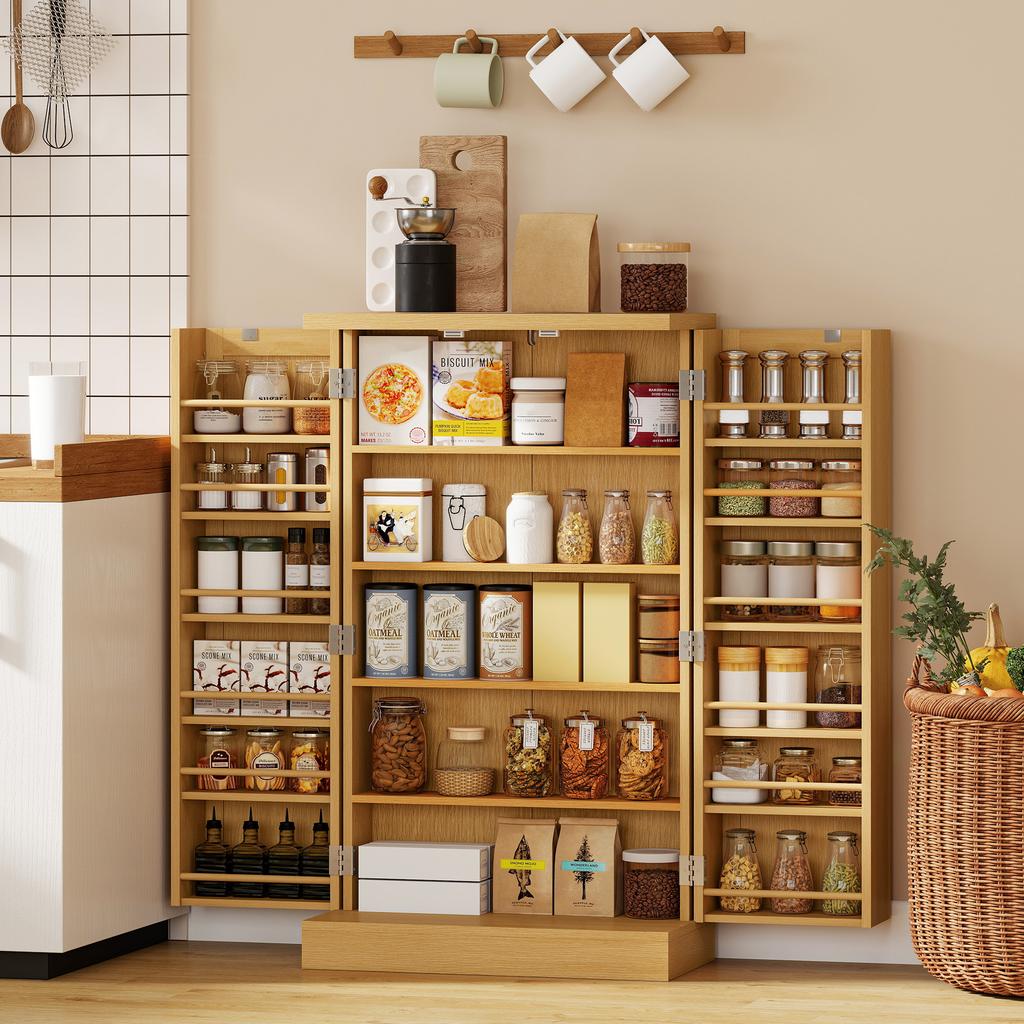 104 Cm Rattan Kitchen Cabinet with 5-Tier Shelf, 12 Spice Racks and Adjustable Shelves, Natural
