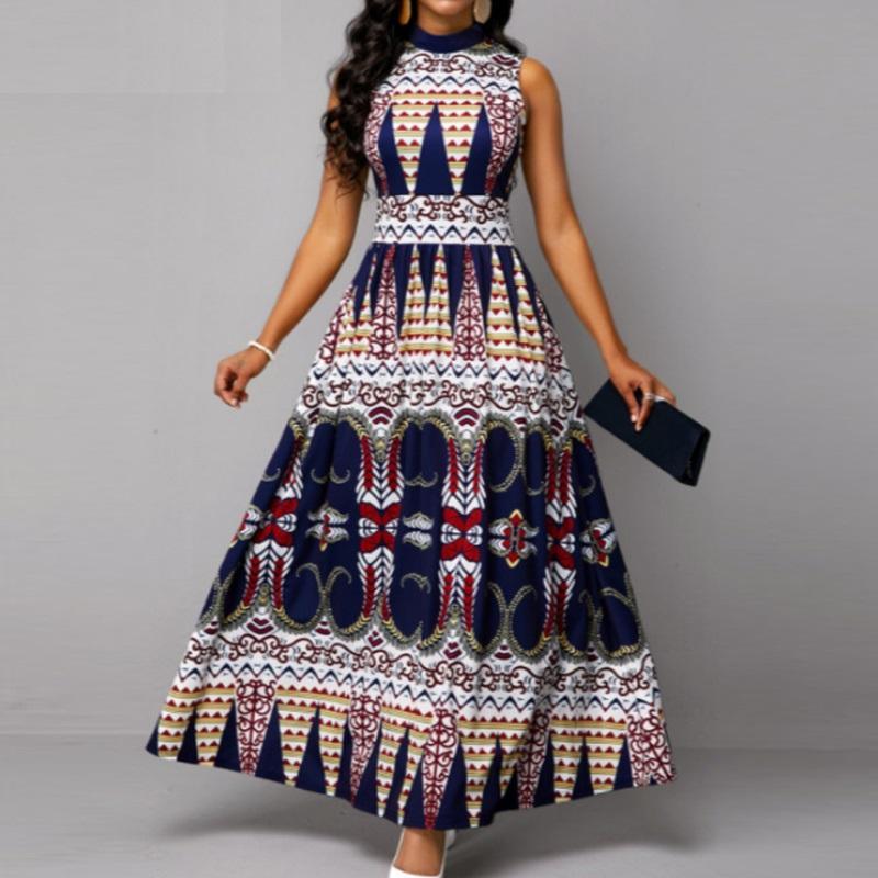 Ethnic Style Stand Collar Printed Long Tank Dress for Women Vintage High Waist Vestidos