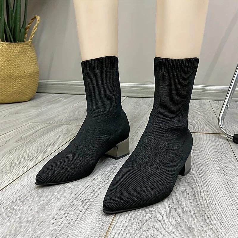 Fashion Women's Knitted Ankle Boots Pointed Toe Stretchy Chunky Med Heels Fashion Sock Short Botas