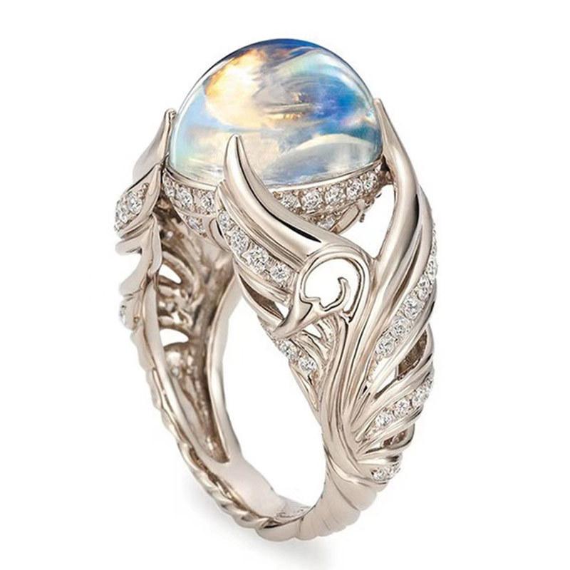 Cao Shi Jewelry Hollow Swan Moonstone Ring for Women - Colorful, European & American Style, Hot Seller