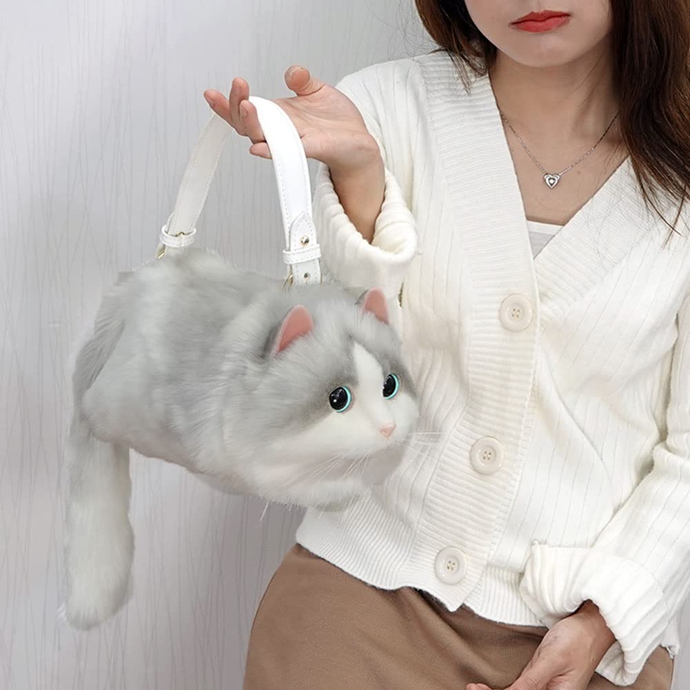 HIGHAWK Lifelike Plush Cat Fluffy Shoulder Bag for Gift for Cat Soothing Ornament Size Realistic, Bag, Women, Lovers, (Gray, L)