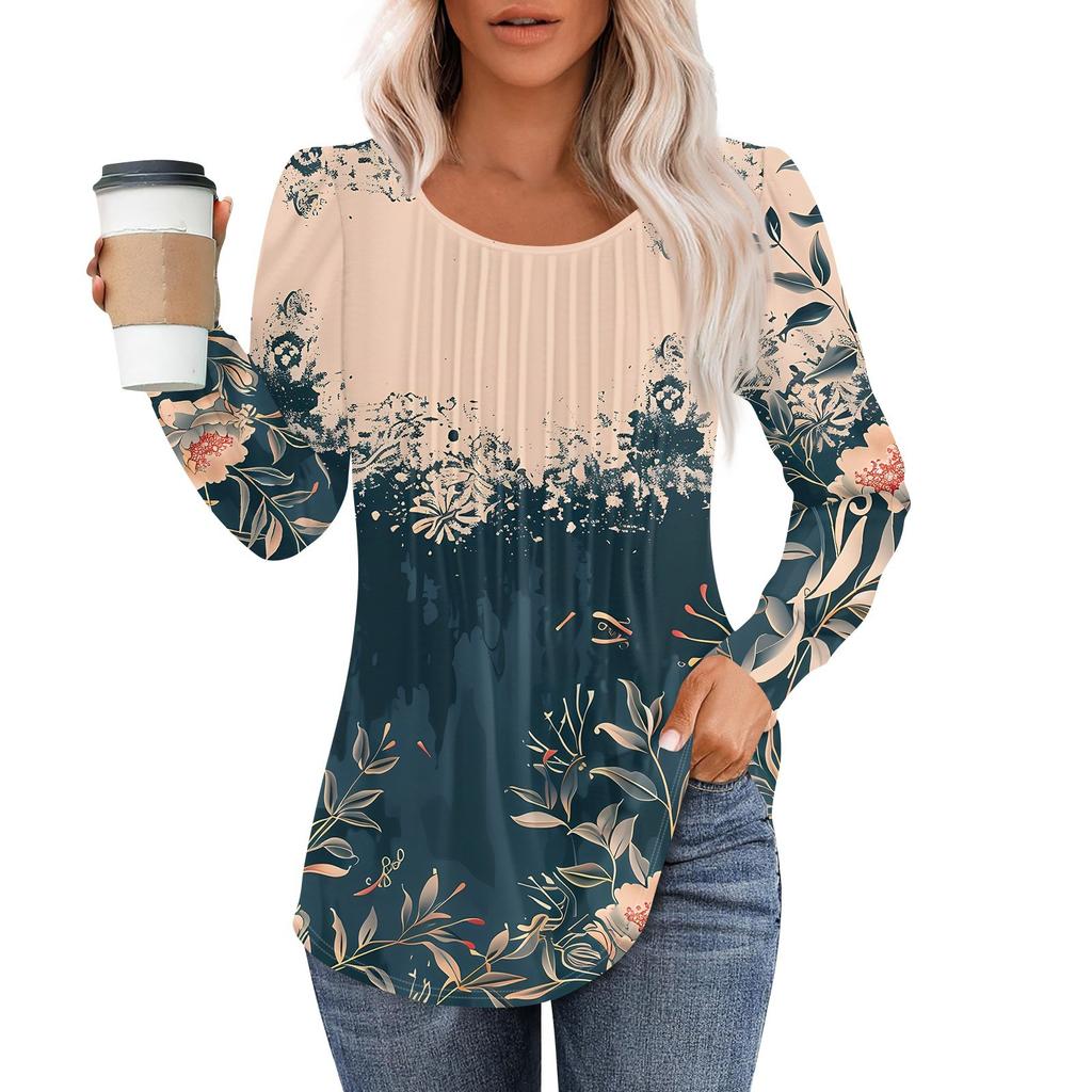 Long Sleeve Shirts For Women Tops Dressy Casual Blouses Pleated Scooped Neck Tunic Tops
