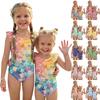 Girls One Piece Swimsuit Floral Print Sleeveless Ruffle Shoulder Design Lightweight Comfortable Fabric Suitable for Summer Beach Pool Swimwear