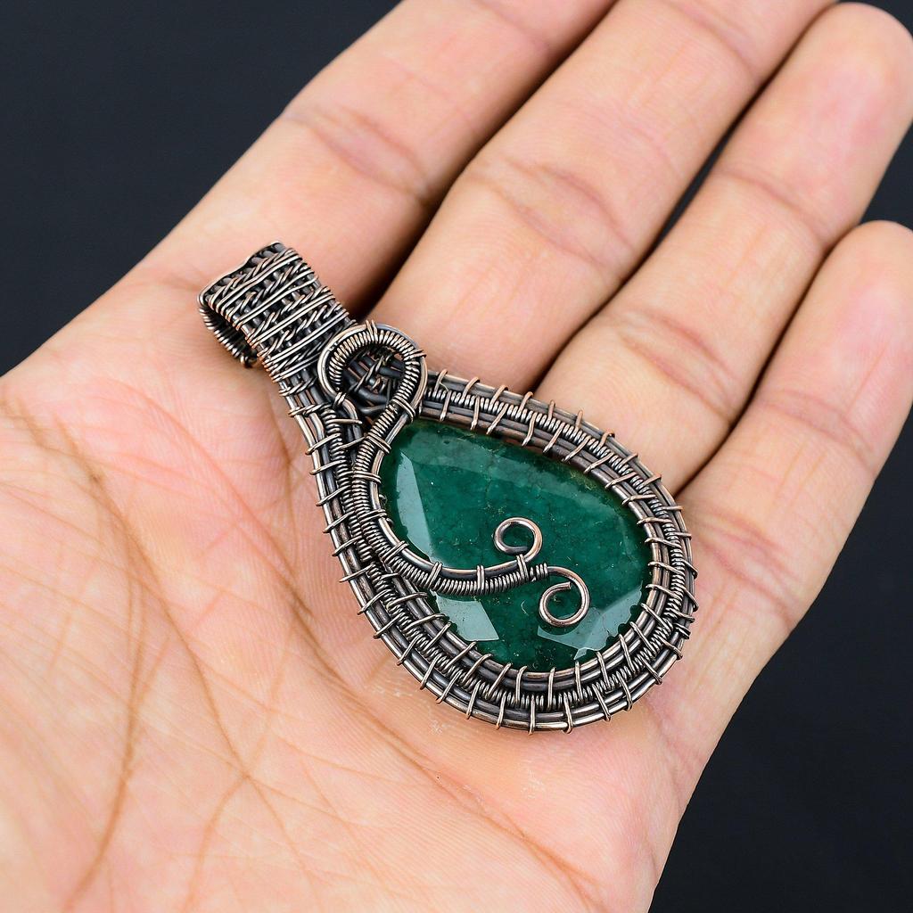 Emerald Pendant, 999 Copper Wire Wrapped Pendant Gemstone Jewelry, Handmade Pendant Amazing Jewelry, Gift For Her