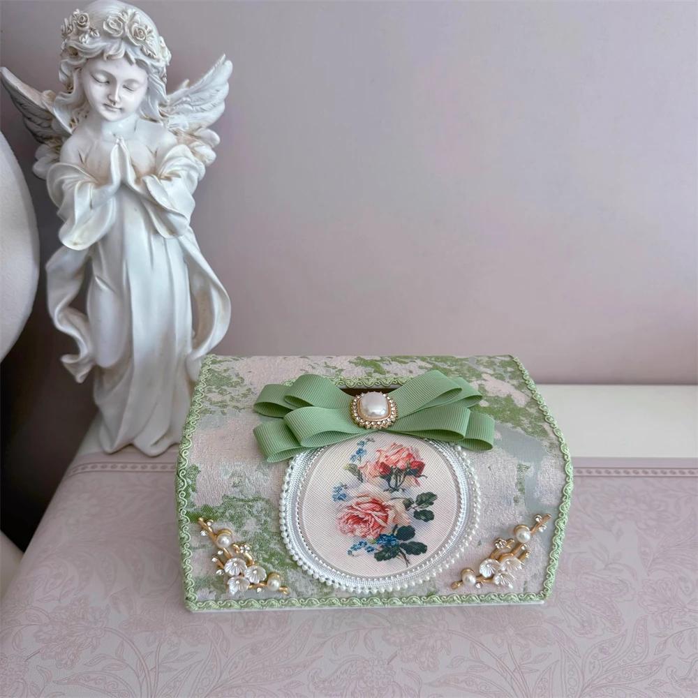 Korean Romantic Tissue Box Oil Painting Style Lace Tissue Box Pearl Bow Fabric Household Car Paper Box Pink Green Brown