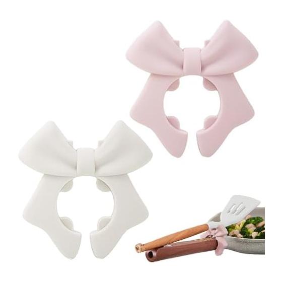 Ribbon-Shaped Ladle Rest, Silicone Tool Rest, Heat Resistant, Non-Slip, Cute Kitchen Utensil Holder, Set of 2 Colors (Pink & White), Heat-Resistant