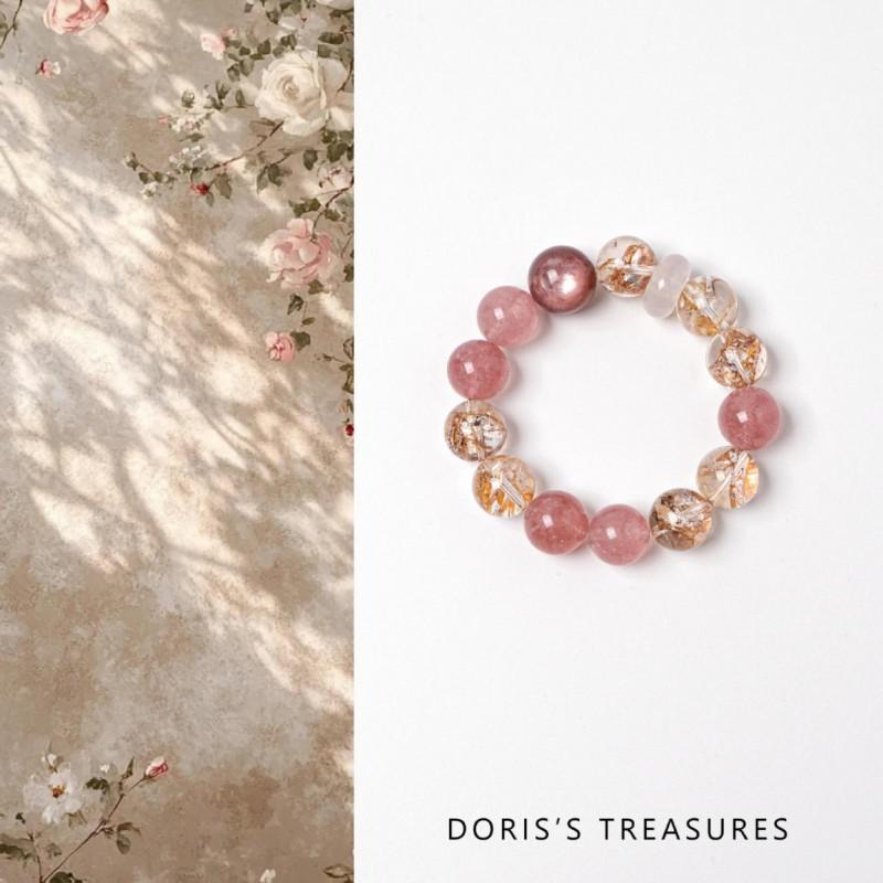 Natural Strawberry Crystal Bracelet Gold Foil Koi Lucky Bead Women New Gift