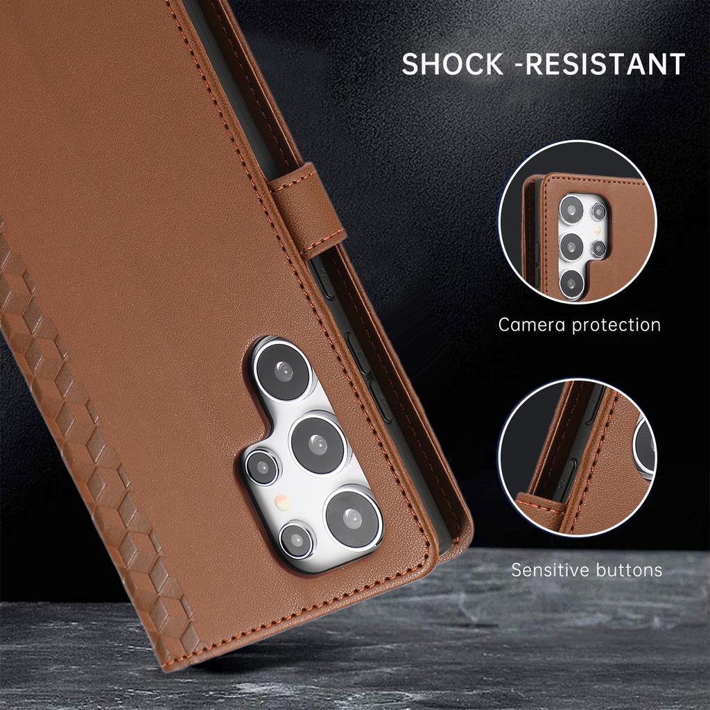 For Samsung Galaxy S25 Ultra Case 3D Rhombus Grid Imprinted Wallet Leather Phone Cover with Lanyard