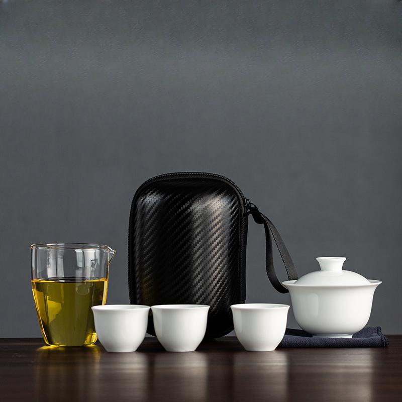 Dehua White Porcelain Travel Tea Set Outdoor Travel Portable Glass Quick Cup Cover Bowl Small Three Cups