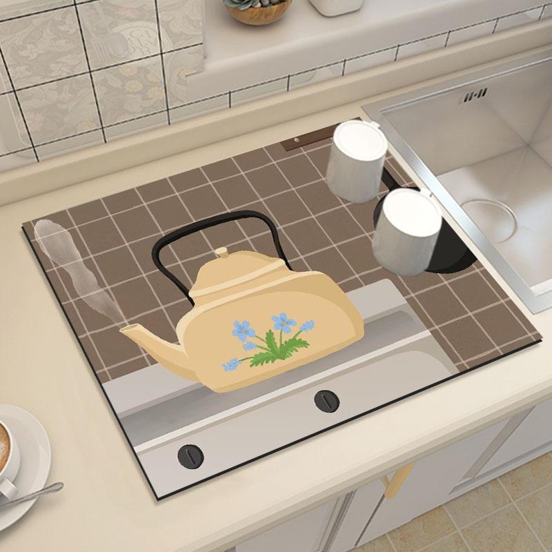 

Cute Teapot Flowers Lemon Pattern Kitchen Sink Mat Non Slip Absorbent Dish Drying Pad with Japanese Style Tones Easy Clean (as the picture,20x30cm)