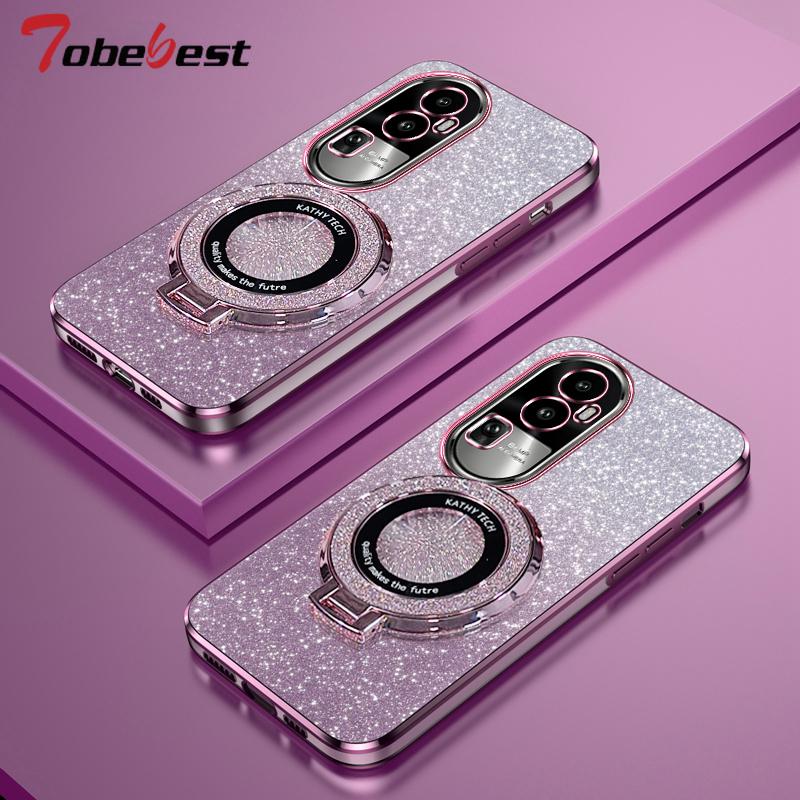 Glitter Plating Magnetic Holder Phone Case For OPPO Reno 12 12F 11 11F 10 8 7 Pro Plus 4G 5G Cover