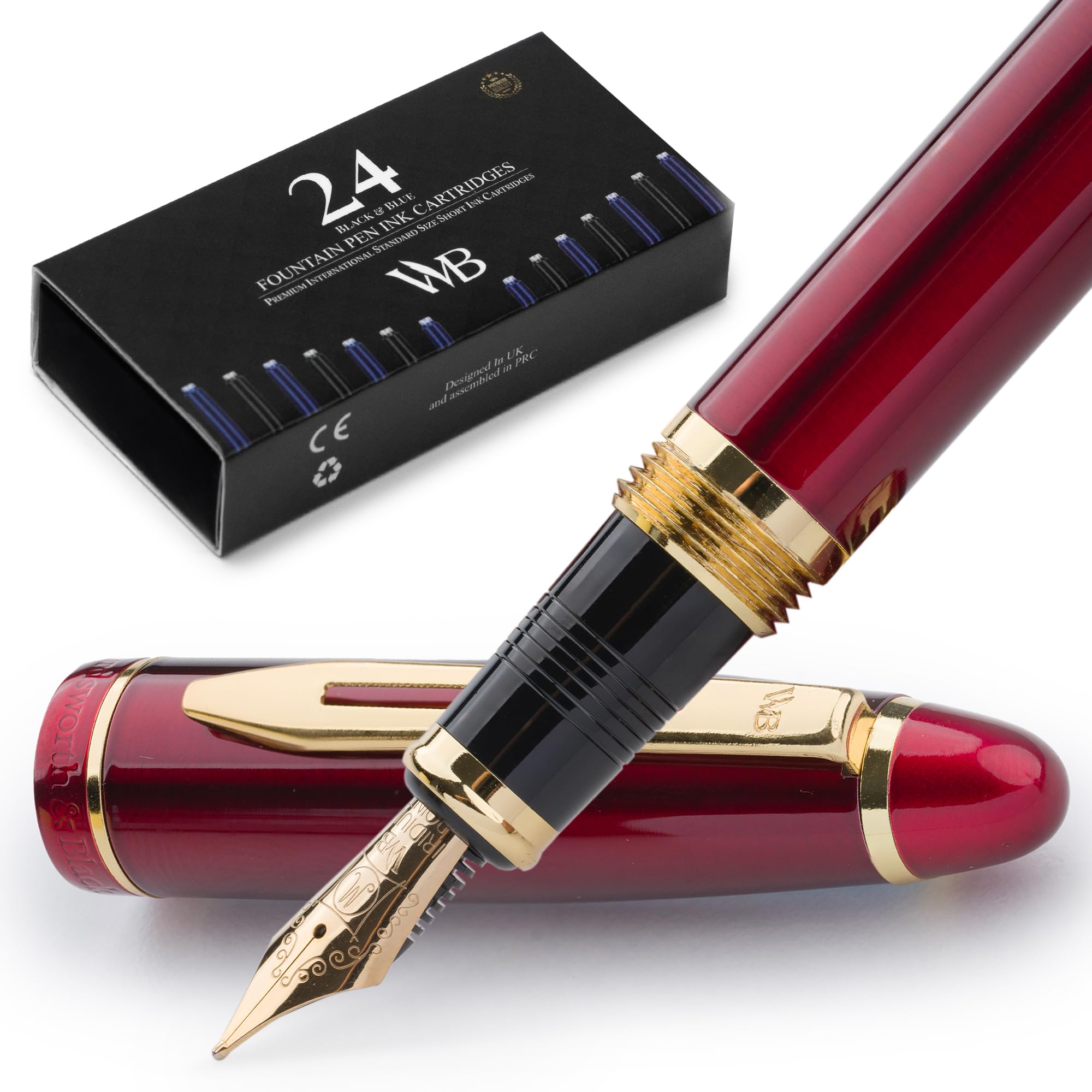 

Wordsworth Black Premium Metal Fountain Pen Majesty 24 Fountain Pen Ink Cartridges 24K Gold Finish 18K Medium Nib Suitable for Men and Women