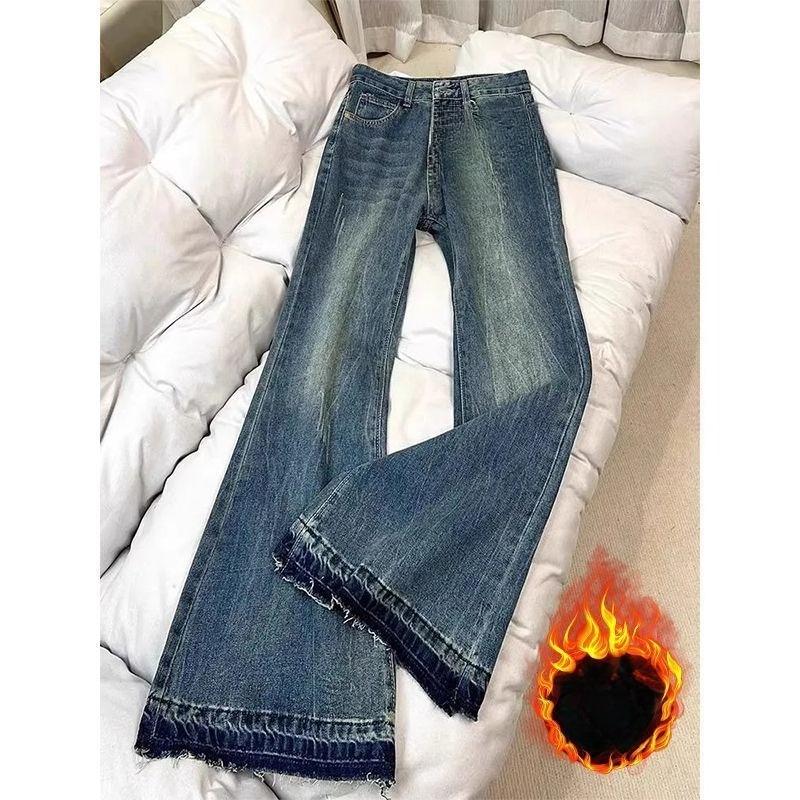American Retro Non-skinny Fleece Slightly Flared Jeans for Women In Autumn and Winter, High-waisted Loose and Slimming Flared Wide-leg Pants