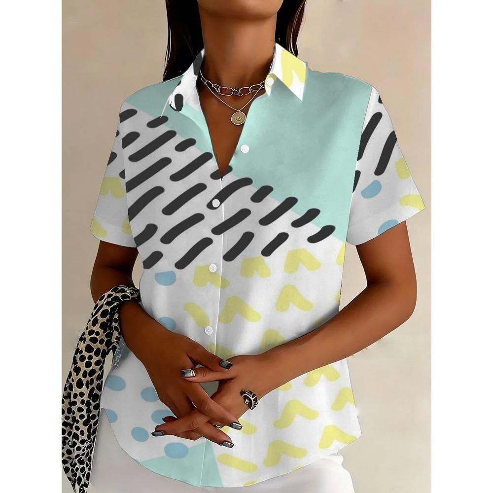 

Plus Size - Plus Size - Casual Oversized Button- Shirt with Color Block Print S