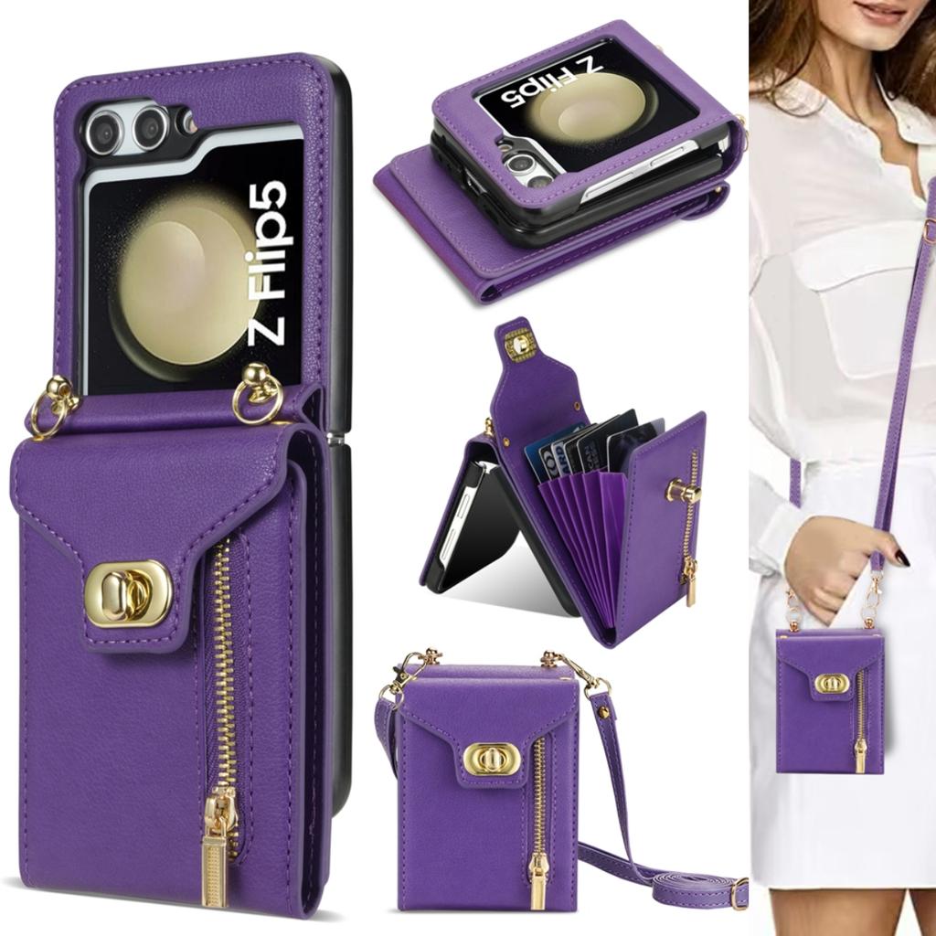 Crossbody zip Dlouhá kabelka kožené pouzdro na šňůrku pro Samsung Galaxy Z Flip 5 4 3 5G Flip4 Flip5 Multi Wallet Cards Solt Cover