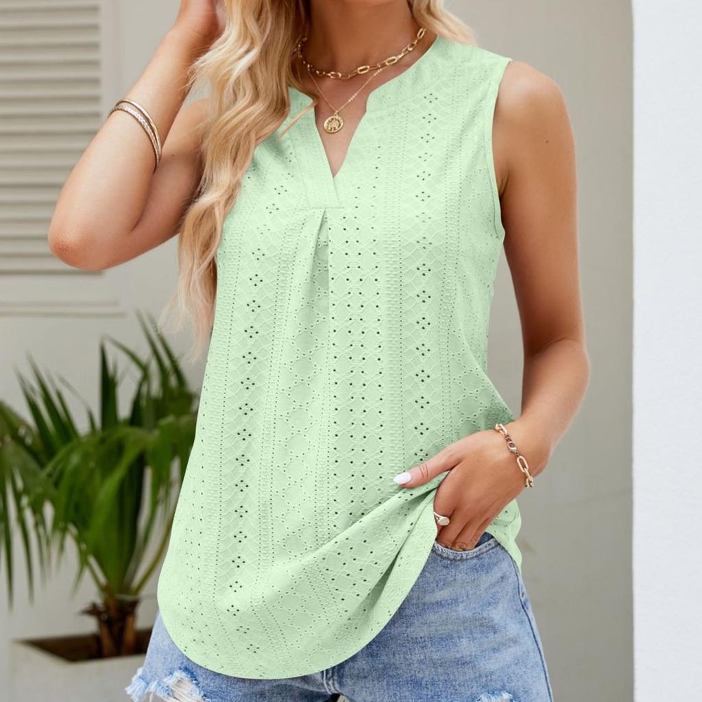 GMXIA Damenmode, lässig, Sommer, einfarbig, bedruckt, Weste, Löcher, ausgehöhlt, ärmellos, V-Ausschnitt, lose Blusen und Hemden