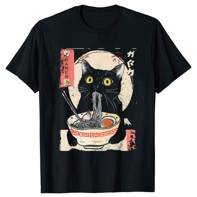 Kawaii Cat Eating Ramen Noodles Funny Anime Tshirts Men Fashion Print Tshirt Loose Oversized Streetwear Hip Hop Unisex T Shirt