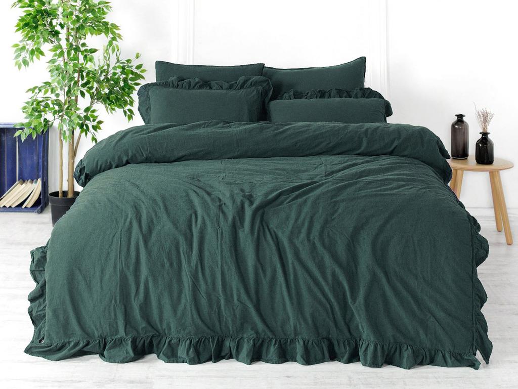 Bedding set 220x200 100% CREASTED COTTON with ruffles, dark green